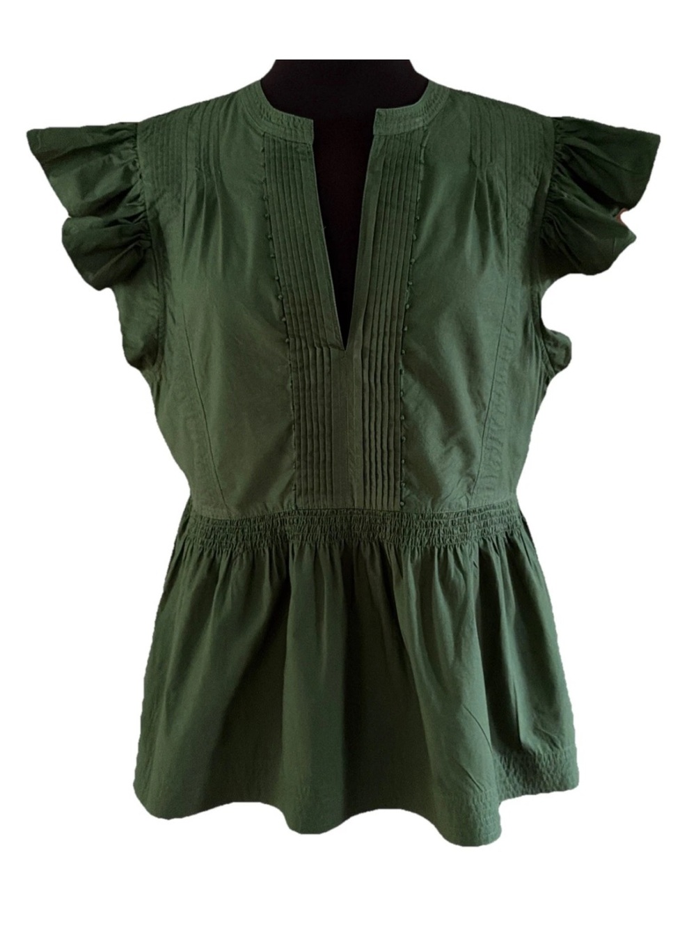 Ulla Johnson Luise Cotton Poplin Flutter Sleeve Top Juniper Green Size 12
